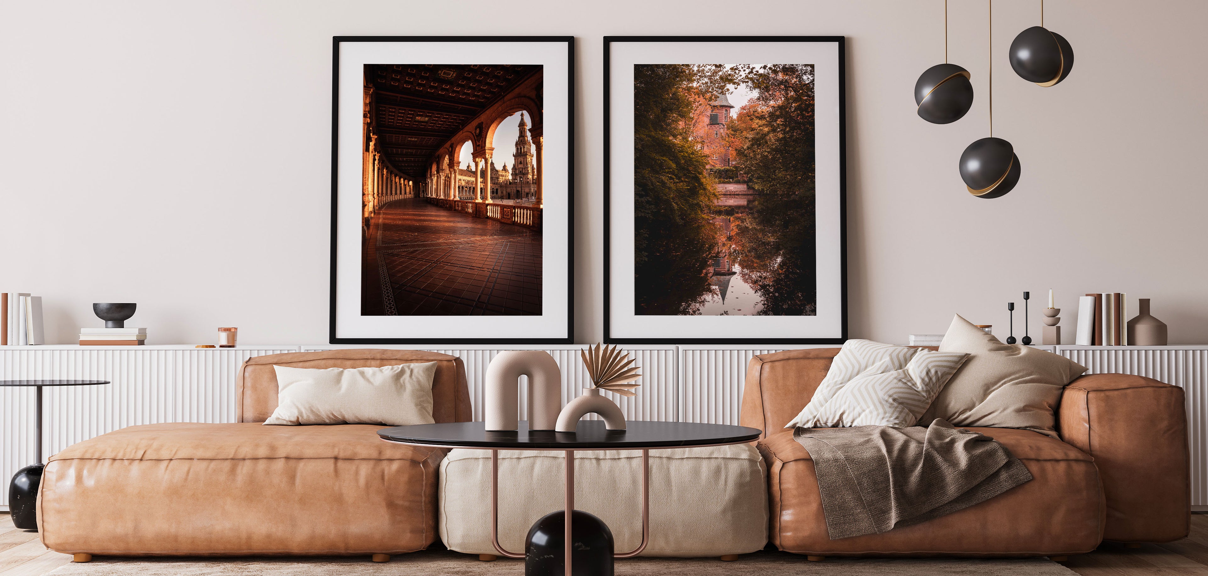 Showcasing two big pieces of wall art featuring photography artworks intended for home decoration in a setting of a modern living room